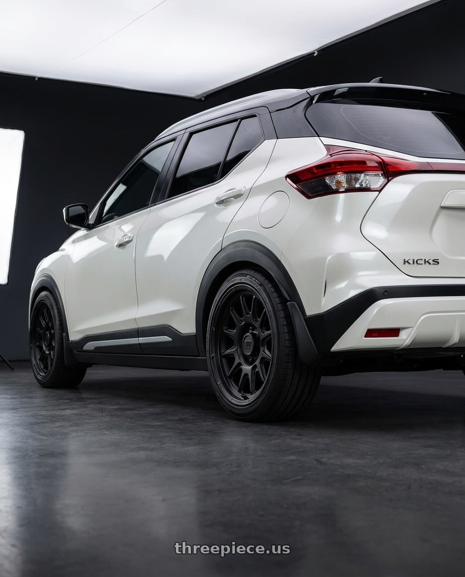 2024 Nissan Kicks with Pro Comp PA200 PULSE 6X114.3 17x8 +20 MATTE BLACK wheels rear three quarter view square tires