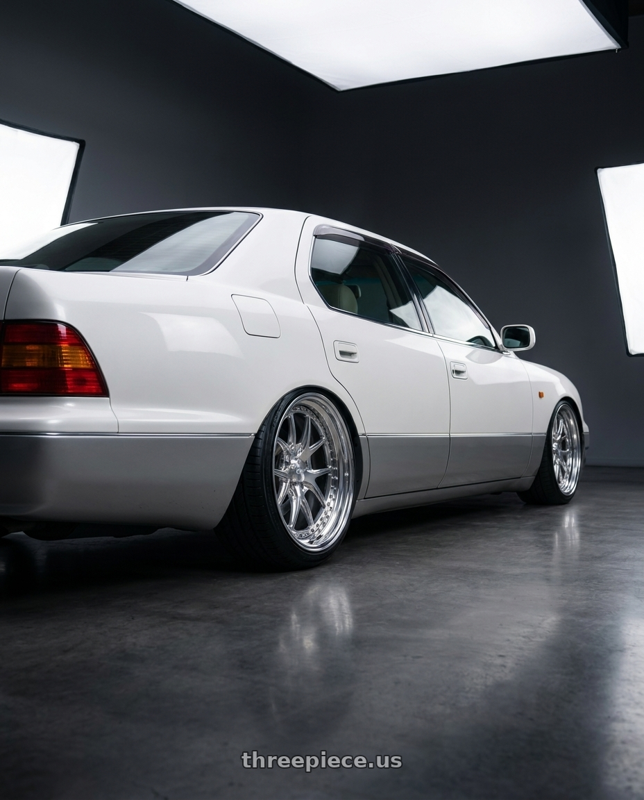 1999 Toyota Celsior  with CCW CZ05 5x114.3 19x8 +45 Polished wheels rear three quarter view slight stretch tires