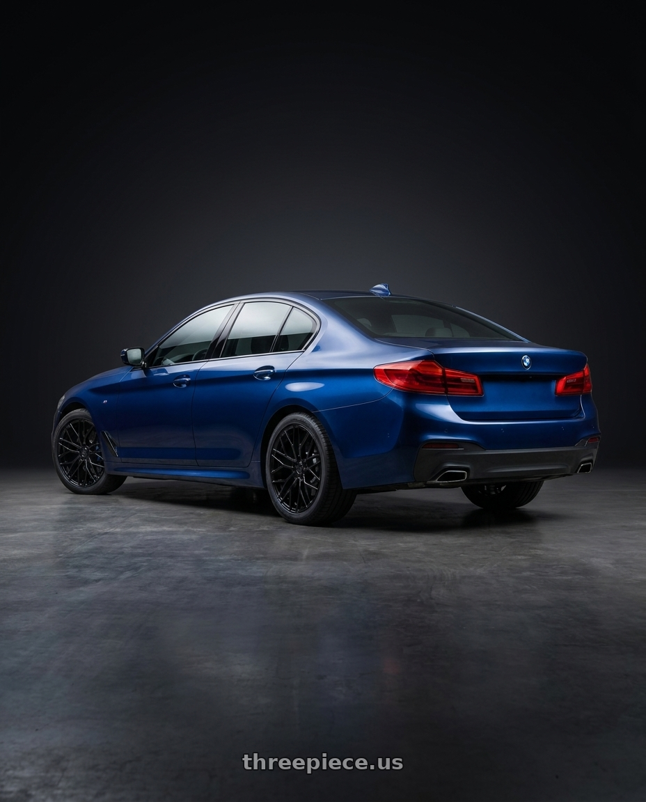 2018 Bmw 5 g30 with KATANA RACING KR01 5x108 17x7.5 +40 Matte Black wheels rear three quarter view square tires