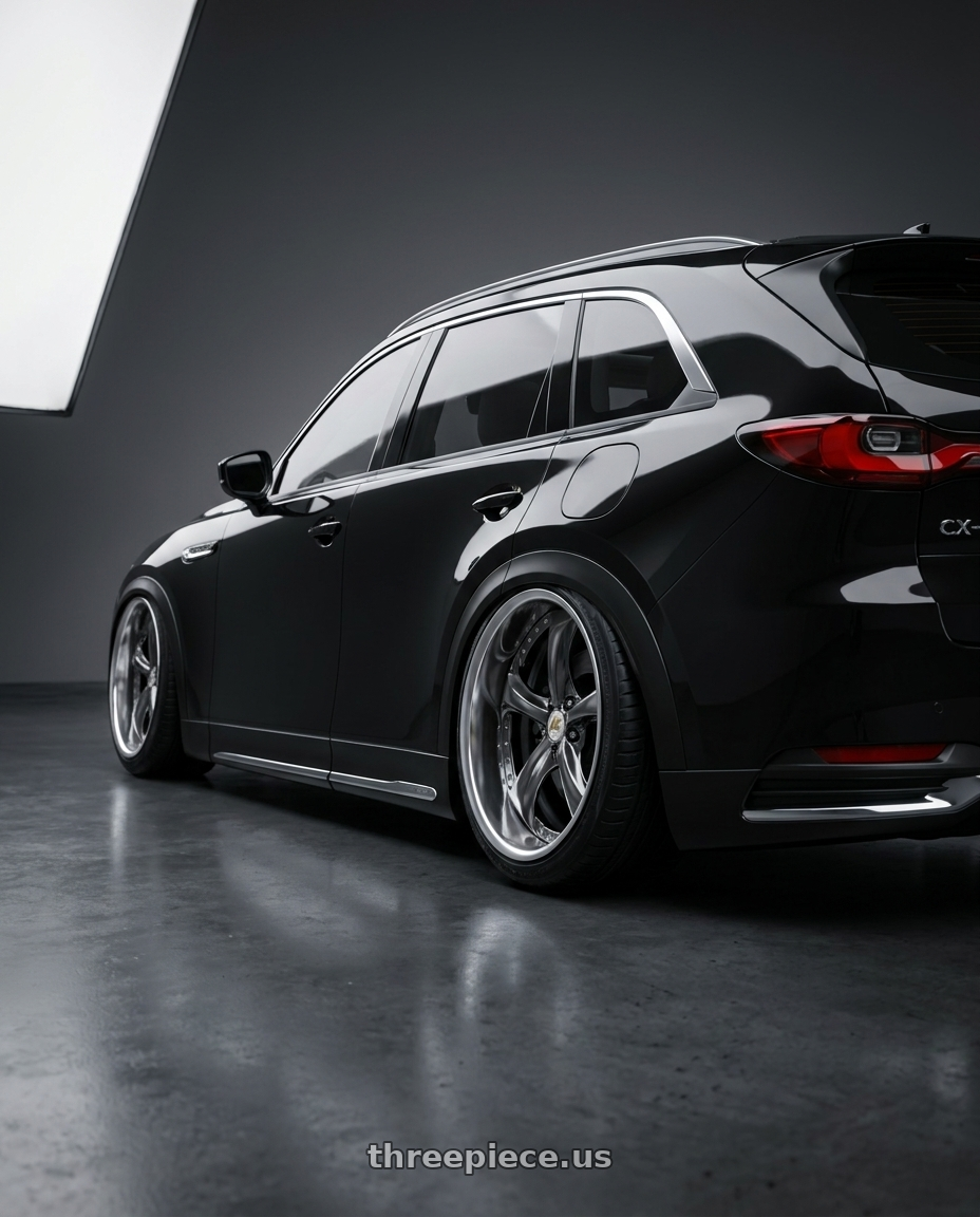 2025 Mazda cx90  with Work Wheels VS-KF 5X114.3 19x13+28 Brilliant Silver Black A Disk FULL REVERSE wheels rear three quarter view extreme stretch tires