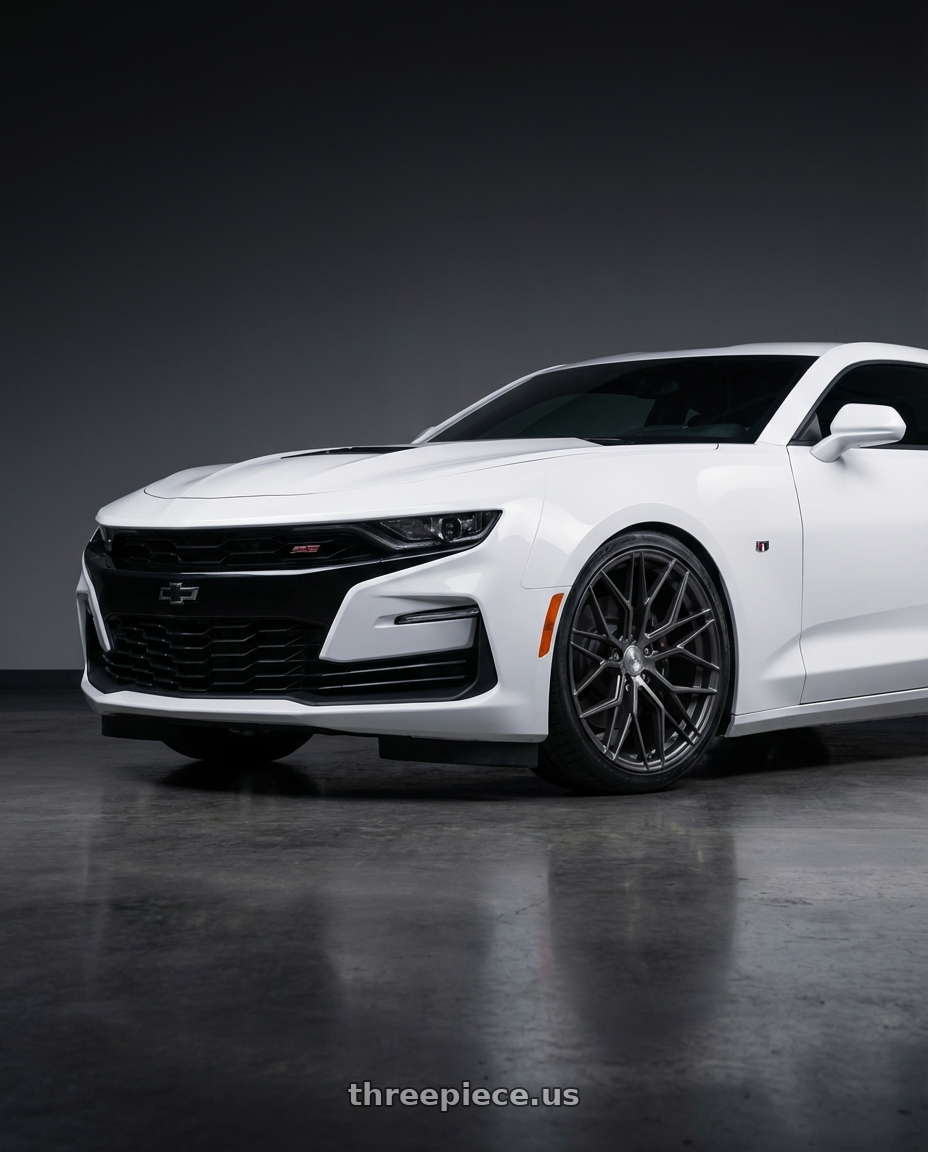 2022 Chevrolet Camaro with Avant Garde Wheels M520R 5X120 20x9 +38 Dark Graphite Metallic wheels front three quarter view lowered stance