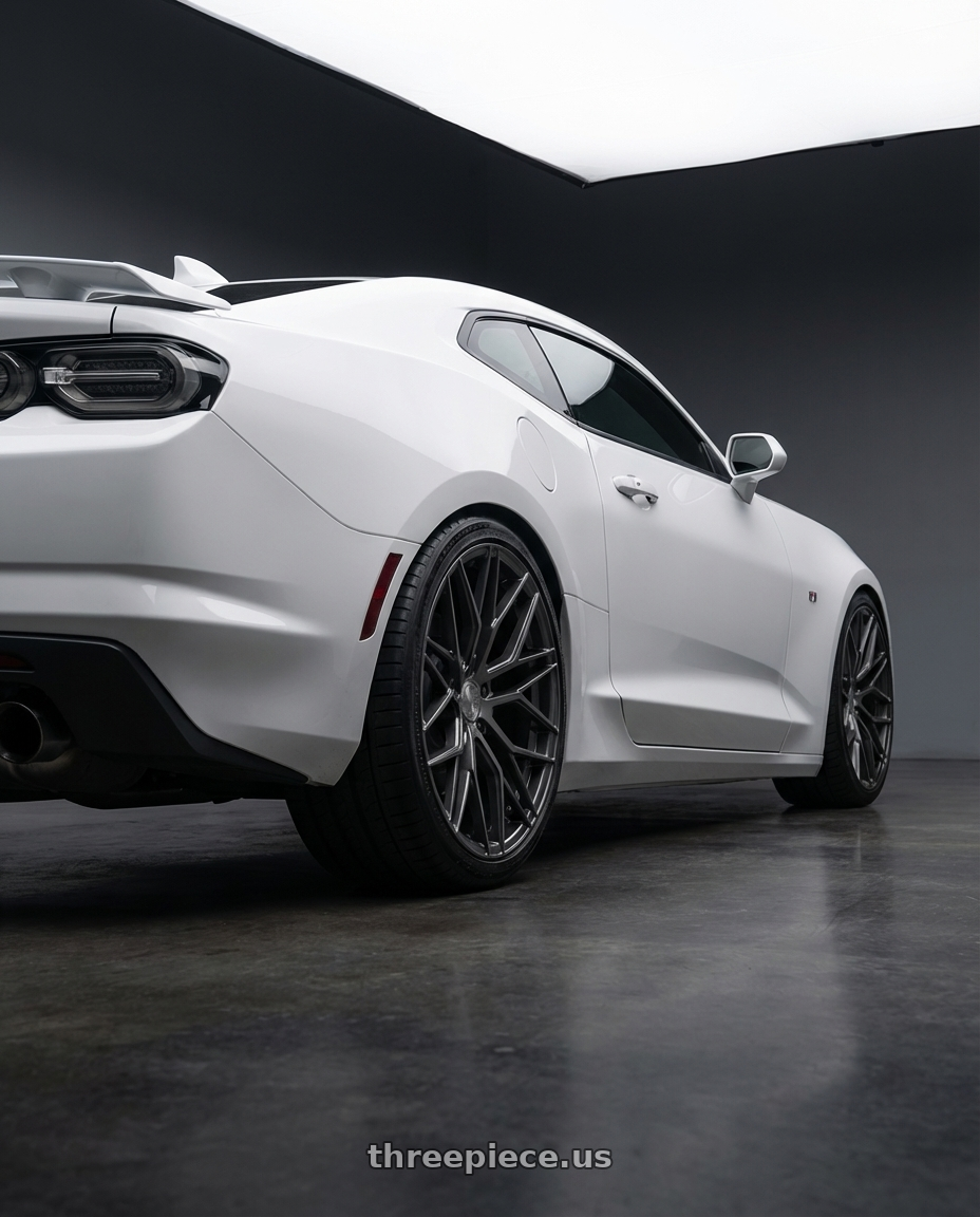 2022 Chevrolet Camaro with Avant Garde Wheels M520R 5X120 20x9 +38 Dark Graphite Metallic wheels rear three quarter view square tires