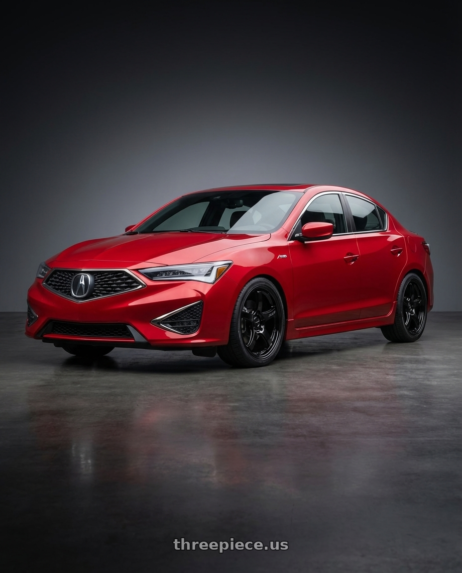 2012 Acura ILX with Gram Lights 57CR 5x114.3 17x9+12 Glossy Black wheels front three quarter view lowered stance