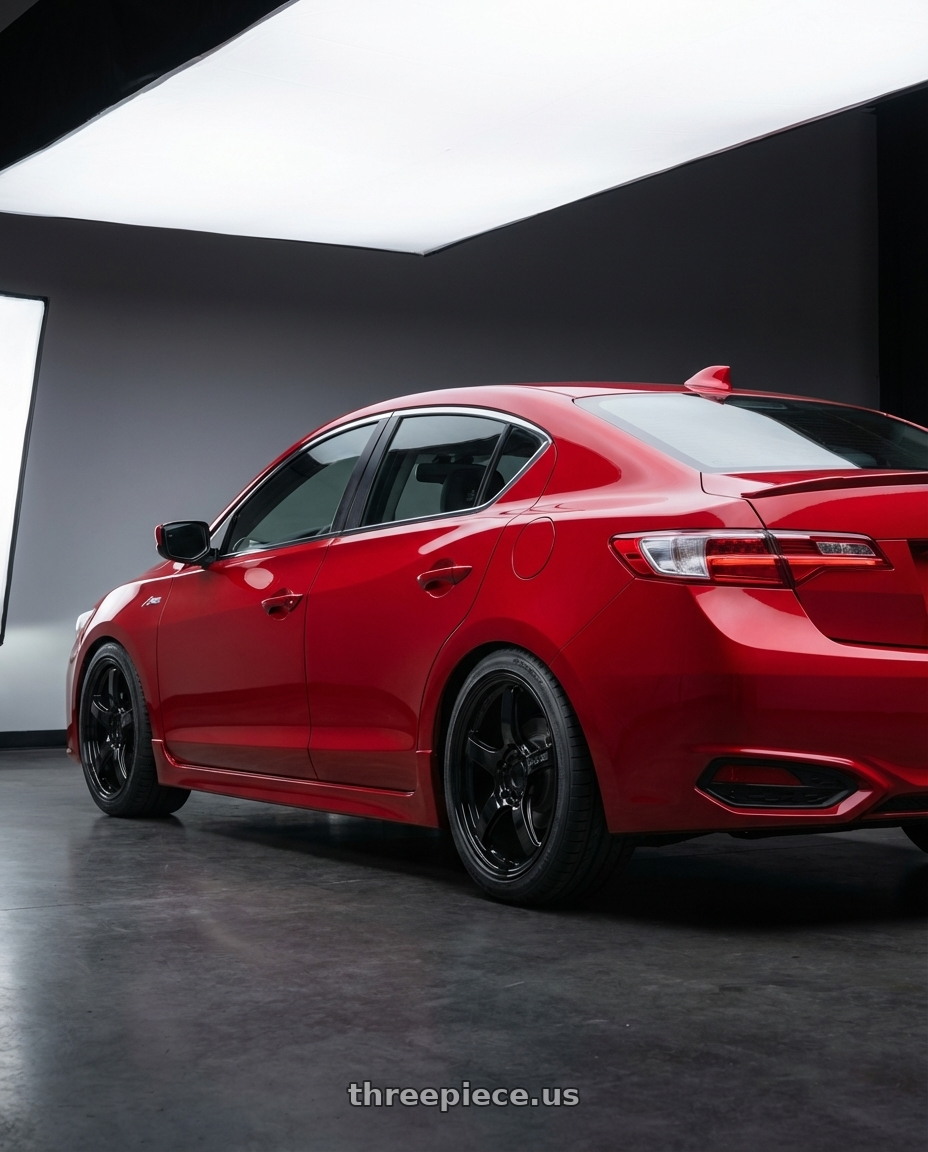 2012 Acura ILX with Gram Lights 57CR 5x114.3 17x9+12 Glossy Black wheels rear three quarter view square tires