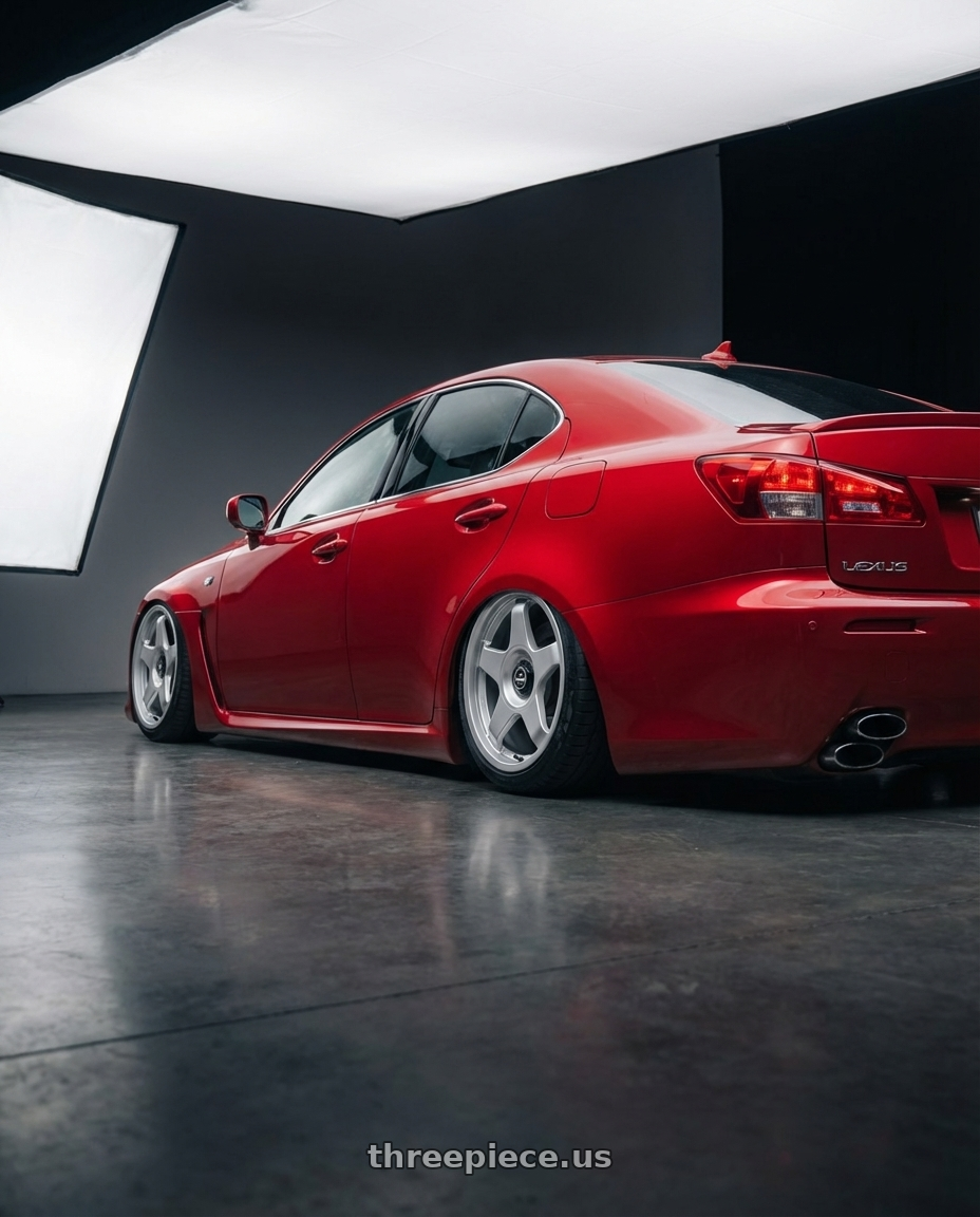 2012 Lexus IS-F with fifteen52 CHICANE 5x114.3 / 5x120 19x8.5 +35 SPEED SILVER (GLOSS SILVER) wheels rear three quarter view slight stretch tires