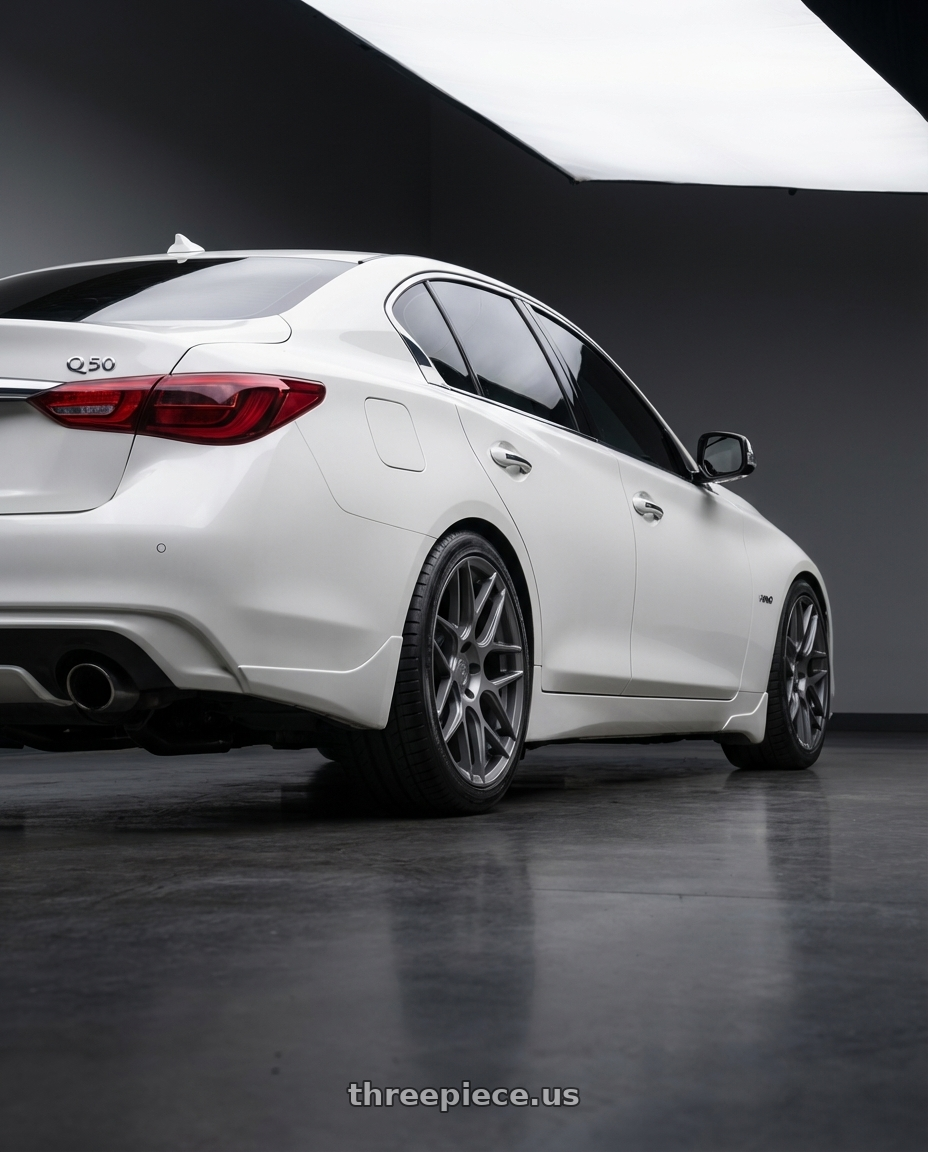 2020 Infiniti Q50 with Aodhan AFF2 5x114.3 19x8.5+35 Matte Gray wheels rear three quarter view square tires
