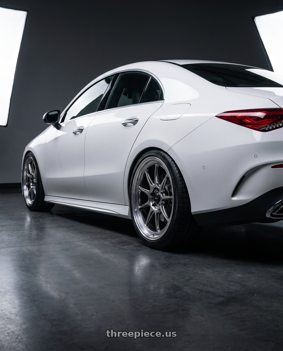 2023 Mercedes-Benz CLA C118 with Konig Countergram 5x112 19x11+40 Hyper Chrome / Machined Lip wheels rear three quarter view square tires