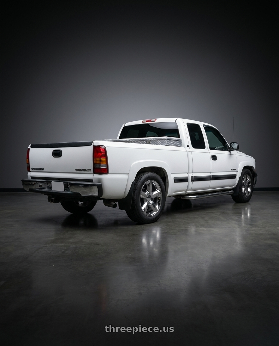 2000 chevy silverado 3 door with OE Wheels CV83 6x139.7 20x8.5+31 Chrome wheels rear three quarter view square tires