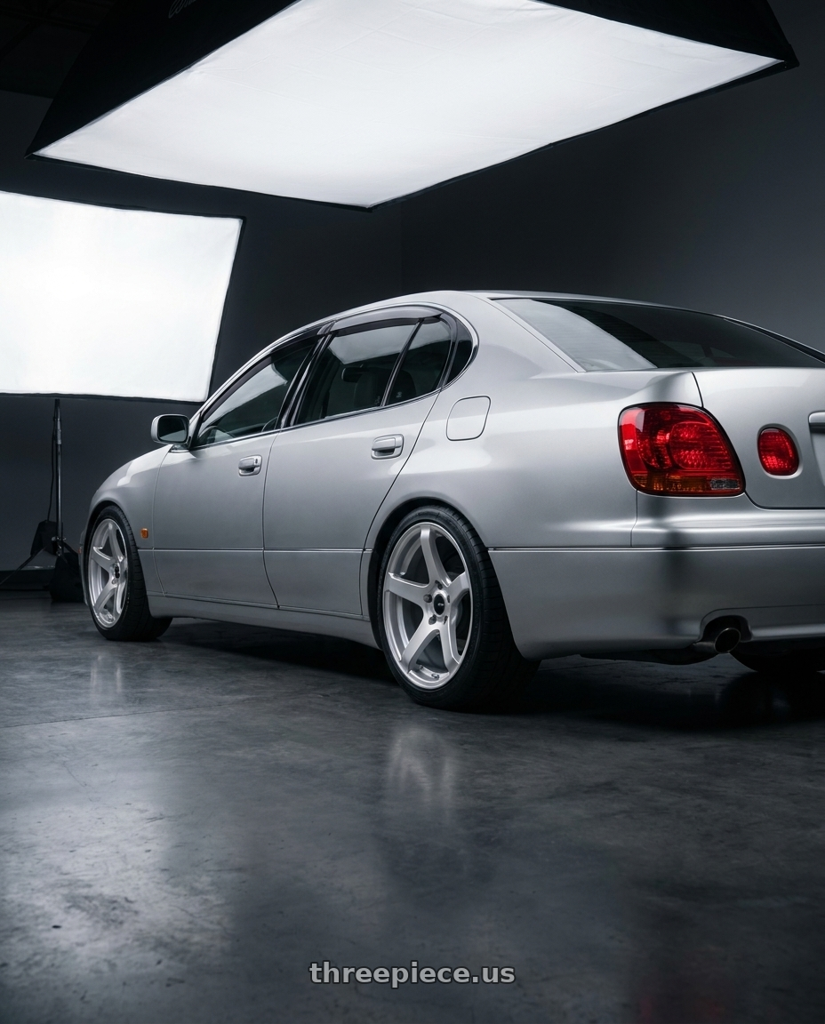 2001 Lexus gs 300 with Enkei Kojin 5x114.3 18x8+40 Matte Silver wheels rear three quarter view square tires