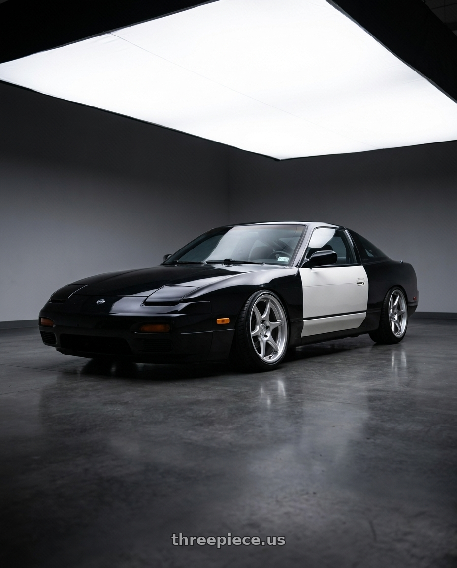 1992 Nissan 240sx Hatchback, Black with white doors and dspec tailights with Kansei K11S Tandem 5x114.3 17x9.5 12 Hyper Silver wheels