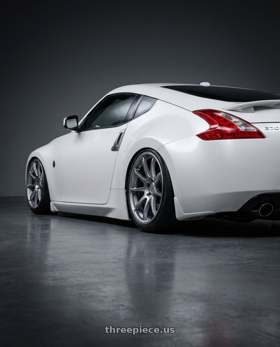 2019 Nissan 370Z with Ssr Gtv02 5x114.3 19x8.5+38  GLARE SILVER wheels rear three quarter view slight stretch tires