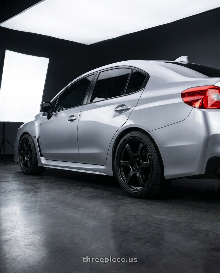 2018  SUBARU  WRX with Gram Lights 57DR 5x114.3 18x8.5+37 Semi Gloss Black wheels rear three quarter view square tires
