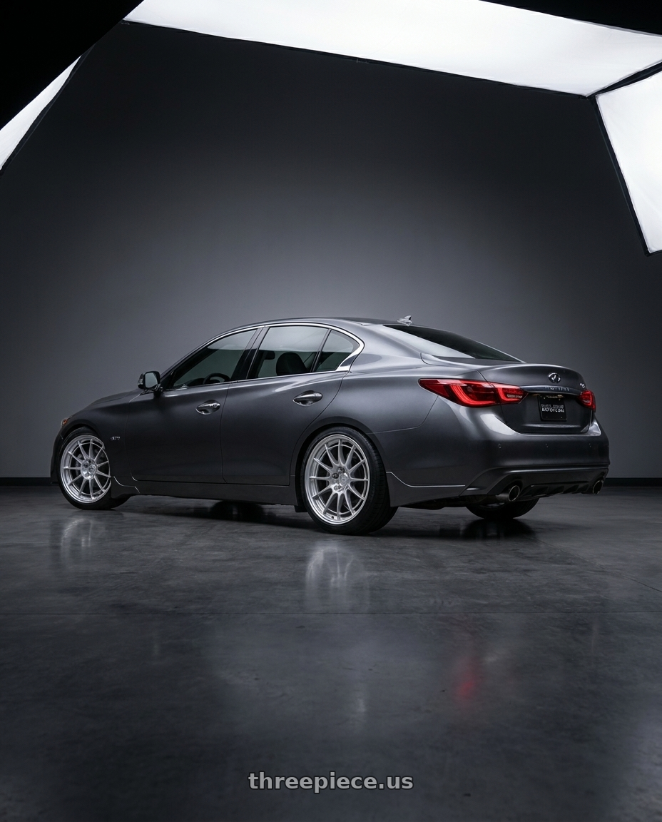 2021 Infiniti Q50 Red Sport with Enkei NT03+M 5x114.3 18x9.5+40 Silver wheels rear three quarter view square tires