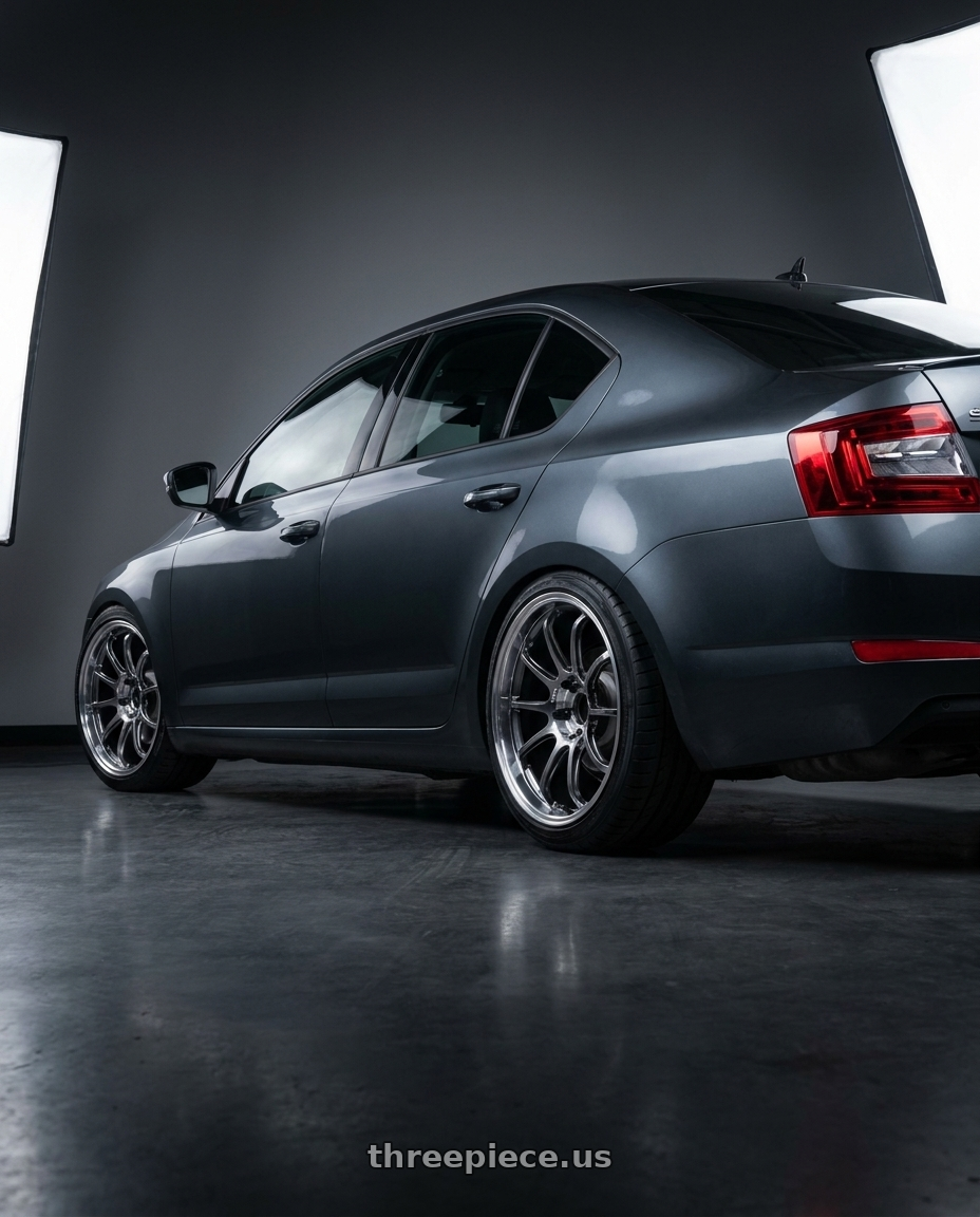 2017 skoda Octavia with Advan Racing RZ-DF2 5x114.3 19x8.5 +37 DIAMOND CUT & HYPER PLATINUM BLACK wheels rear three quarter view square tires