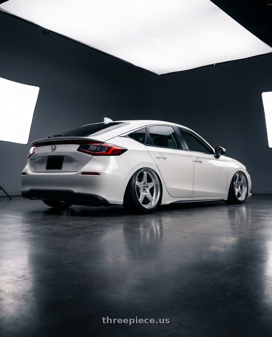 2024 Honda Civic with ESR Wheels APEX SERIES AP5 5x114.3 19x11 +22 Hyper Silver wheels rear three quarter view slight stretch tires