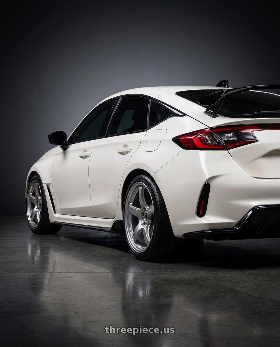 2023 Honda Civic Type R with Gram Lights 57CR 5x120 18x9.5+38 Grace Silver wheels rear three quarter view square tires