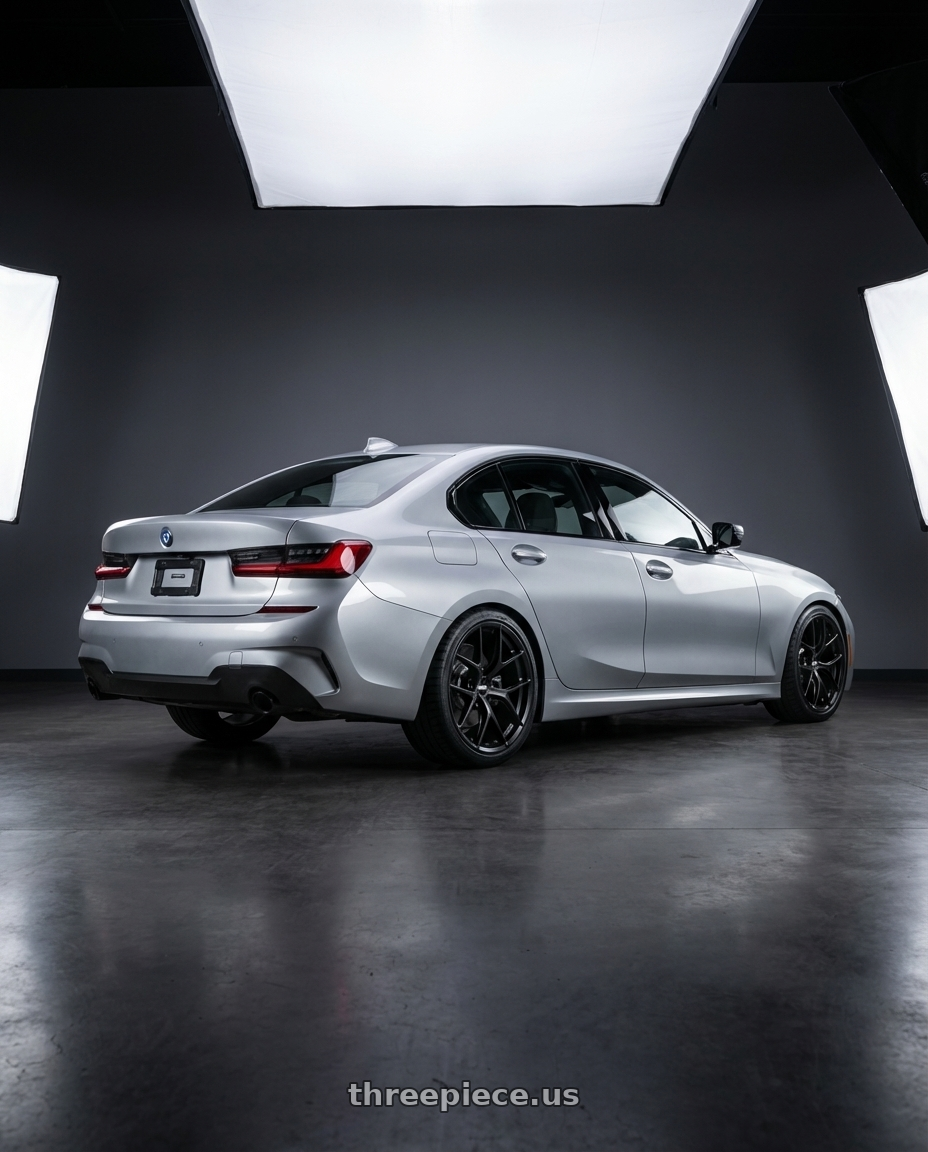 2023 BMW 3 Series G20 with BBS FI-R Evo 5x112 19x9.5+15 Satin Black wheels rear three quarter view square tires