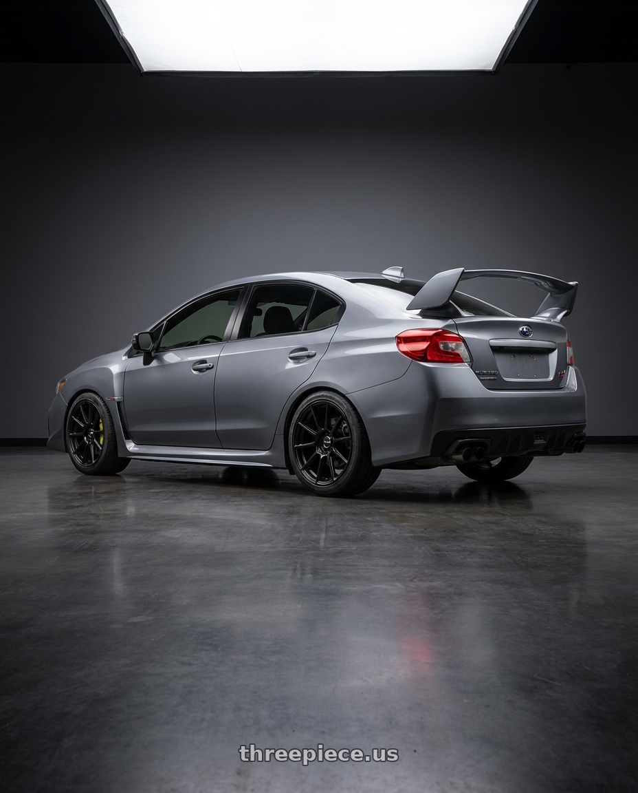 2021 Subaru WRX with Enkei TS10 5x114.3 18x8.5+50 Black wheels rear three quarter view square tires