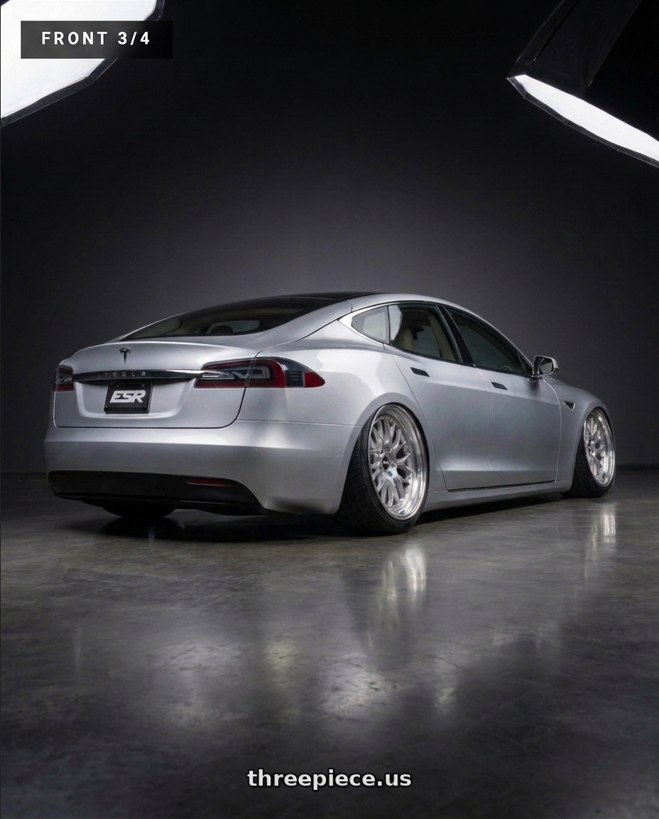2018 tesla model s with ESR Wheels RF2 5x120 19x9.5 +35 Chrome wheels rear three quarter view extreme stretch tires