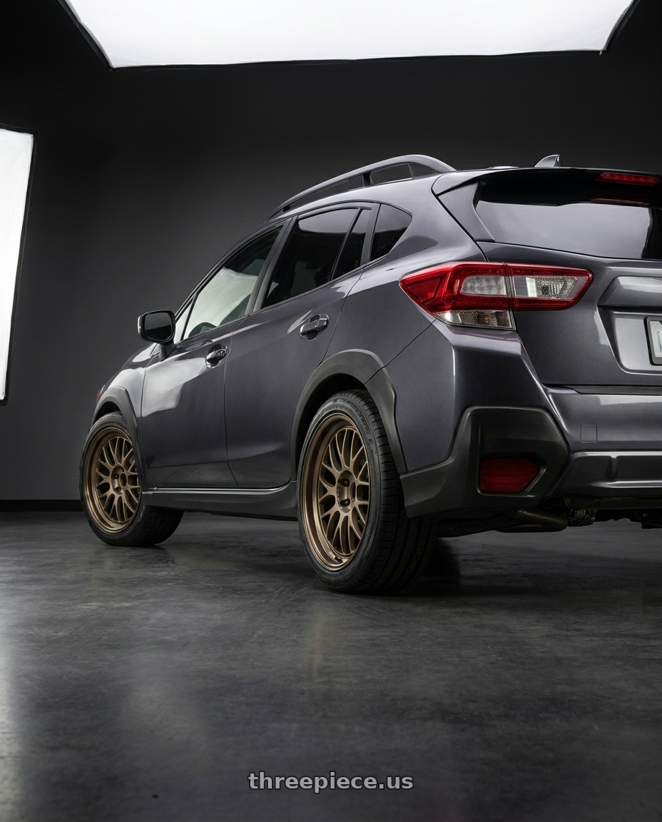 2018 Subaru Xv with Volk Racing 21A 5x100 18X8.5+34  Bronze wheels rear three quarter view square tires