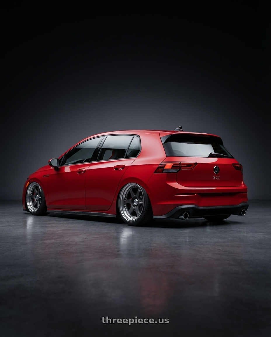 2025 VW gti with Work Meister L1 3P 5x100 18x9+44 A Disk Matte Gunmetal wheels rear three quarter view slight stretch tires