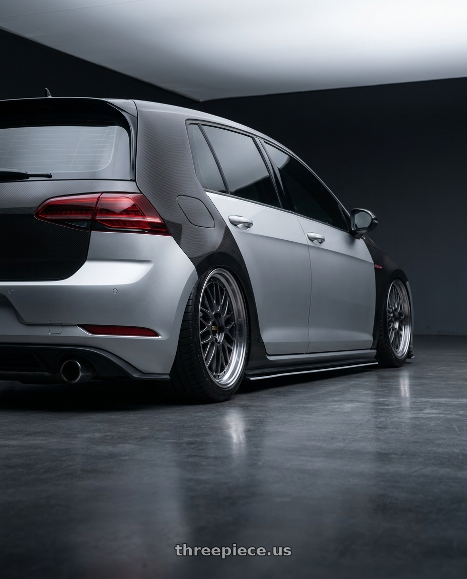 2019 golf7.5 gti with BBS LM 5x112 19x8.5+48 Diamond Black wheels rear three quarter view square tires