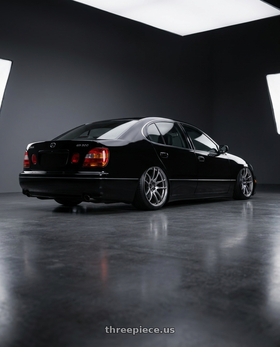 2002 lexus gs300 with Work Emotion Cr Kiwami 5x114.3 19x10.5 +22 Gt Silver wheels rear three quarter view slight stretch tires