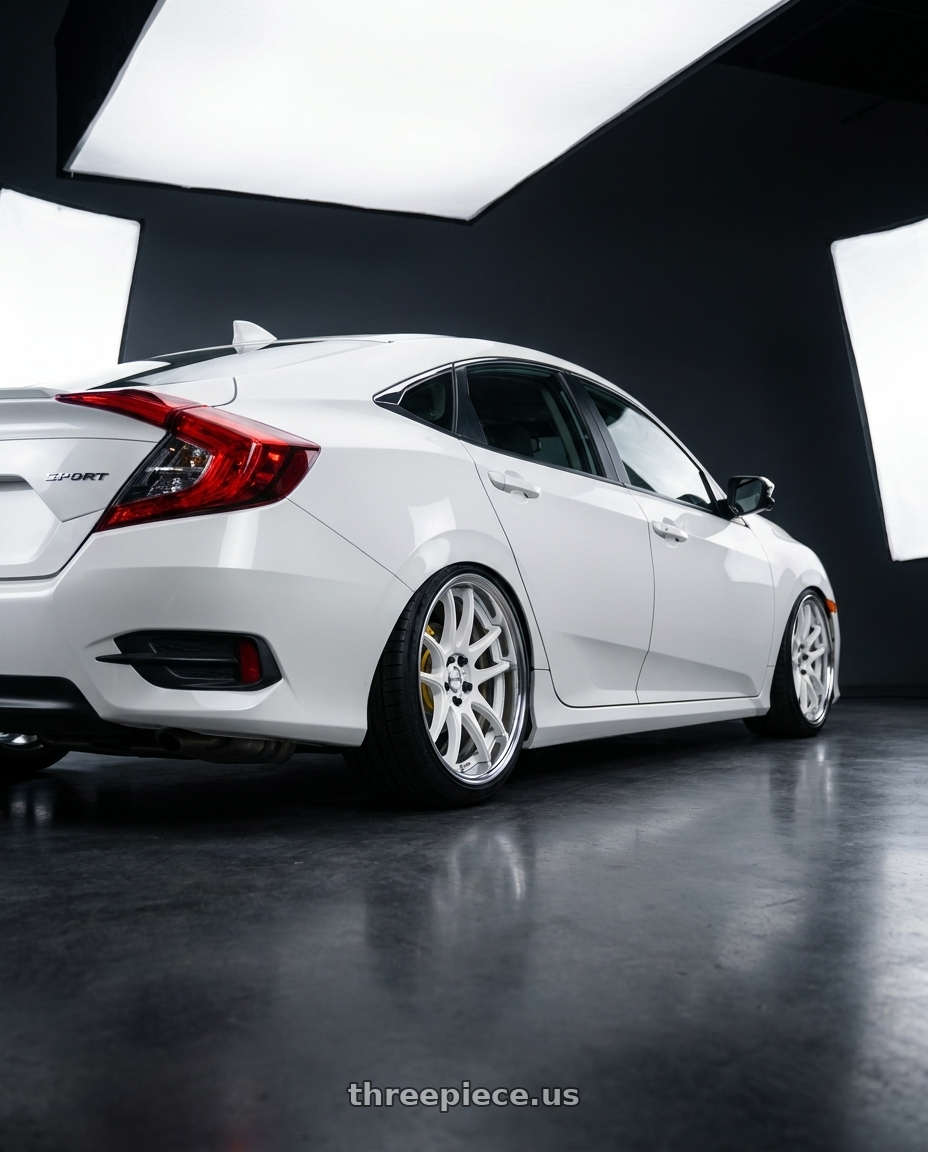 2019 Honda Civic Sport with Work Cr 2P 5x114.3 18x8.5 +38 Gloss White wheels rear three quarter view square tires