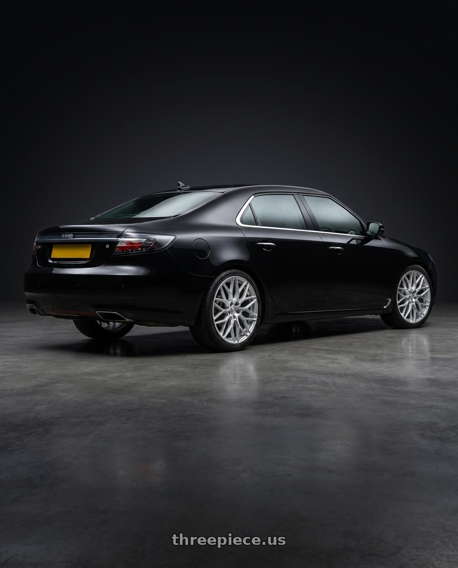 2012 Saab 9-5 aero with 1AV ZX12 5x108 19x8.5 +40 Silver wheels rear three quarter view square tires