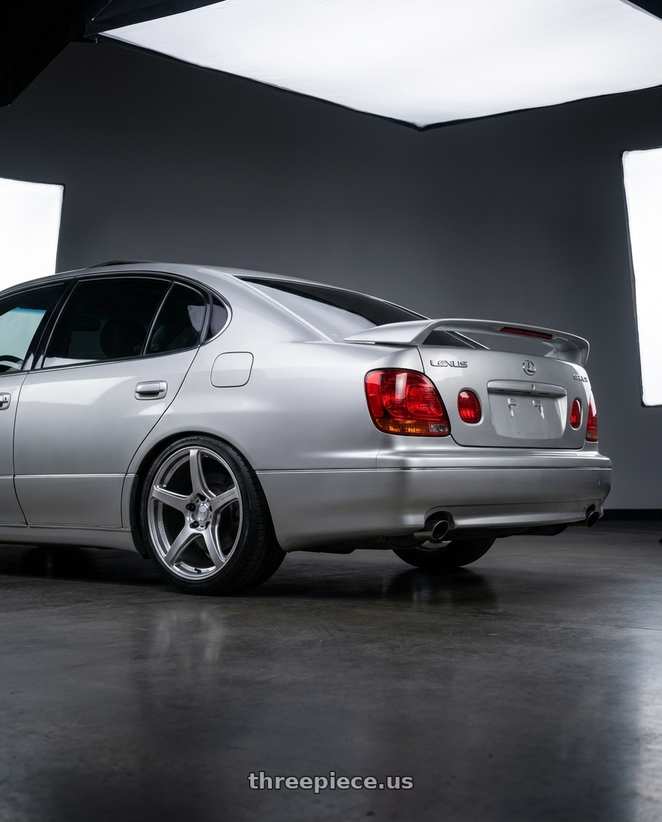 2003 lexus gs 430 with Work Emotion T5r 5x114.3 18x8.5 +35 Glow Silver wheels rear three quarter view square tires