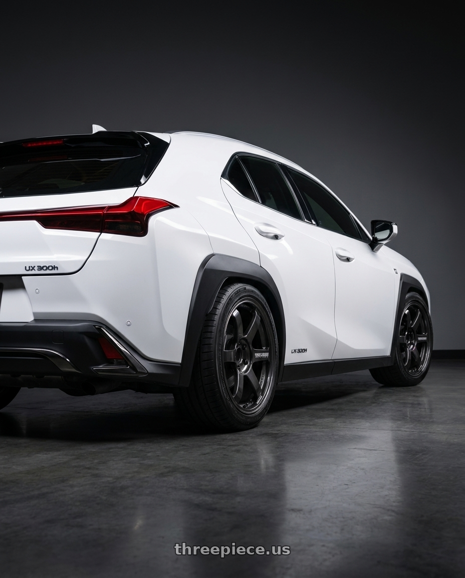 2025 Lexus UX300H with Volk Racing TE37 Saga S-Plus 5x114.3 18x8.0+45 Diamond Dark Gunmetal wheels rear three quarter view square tires