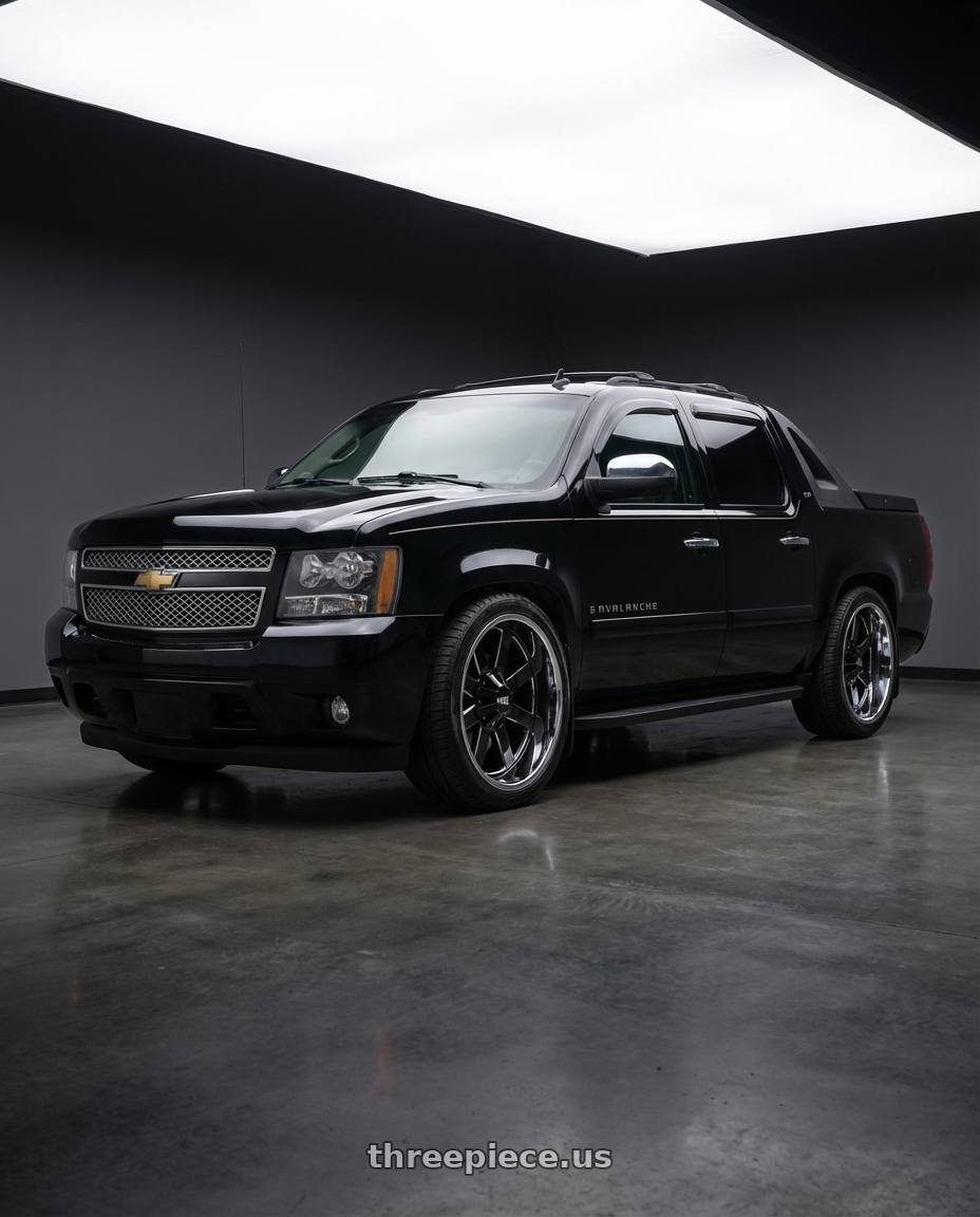 2007 Chevrolet Avalanche with Moto Metal MO200 8X165.1 20X12 -44 GLOSS BLACK MILLED CENTER CHROME LIP wheels front three quarter view lowered stance