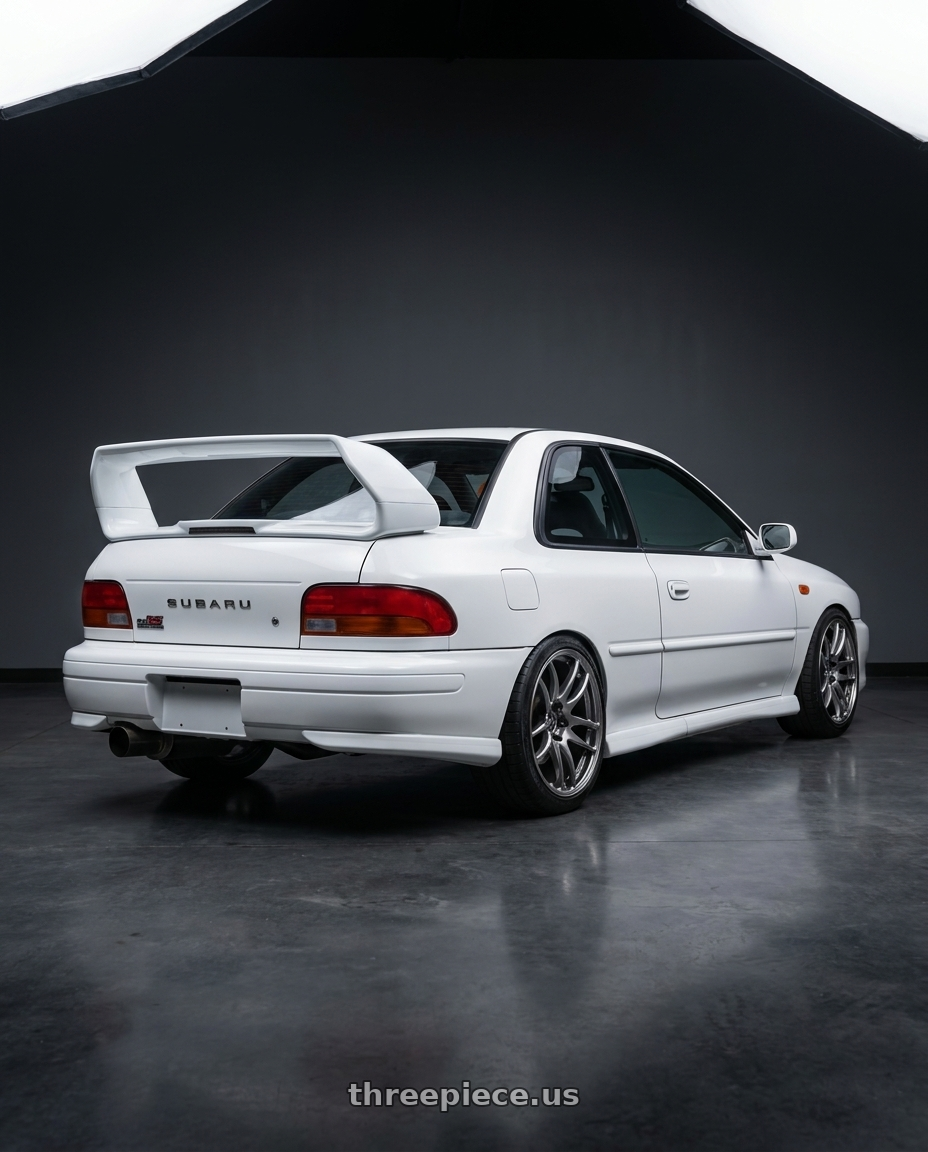 2001 subaru impreza 2.5rs aspen white with Work Emotion Cr Kiwami 5x100 17x7 +47 Gt Silver wheels rear three quarter view slight stretch tires