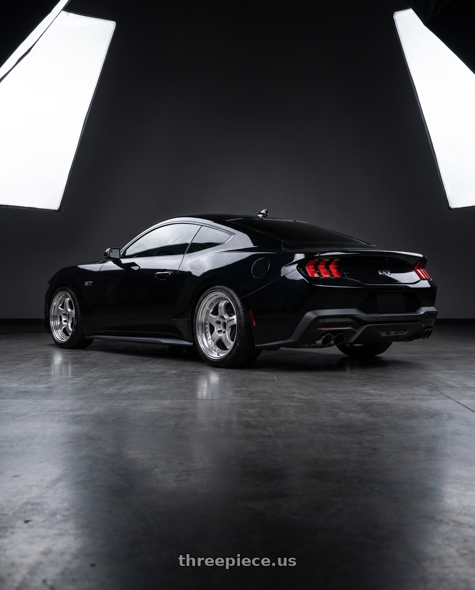 2024 ford mustang gt with Work Meister S1 3P 5x114.3 18x8.5+37 O Disk Bright Buff Finish wheels rear three quarter view slight stretch tires