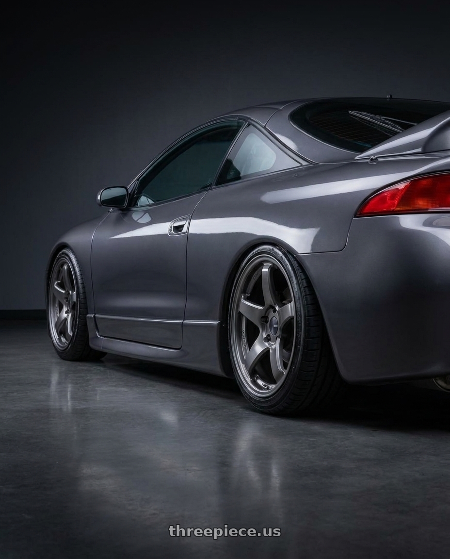 1998 Mitsubishi Eclipse with Enkei PF05 5x114.3 17x8+35 Dark Silver wheels rear three quarter view square tires