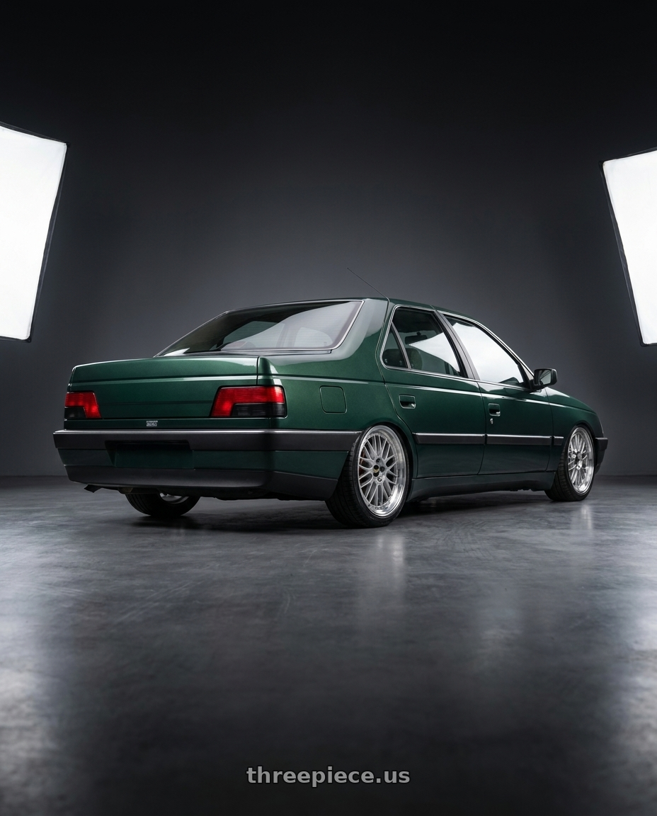 2000 Peugeot 405 Dark Green with BBS LM 4x100 17x7.5+40 Diamond Silver wheels rear three quarter view square tires