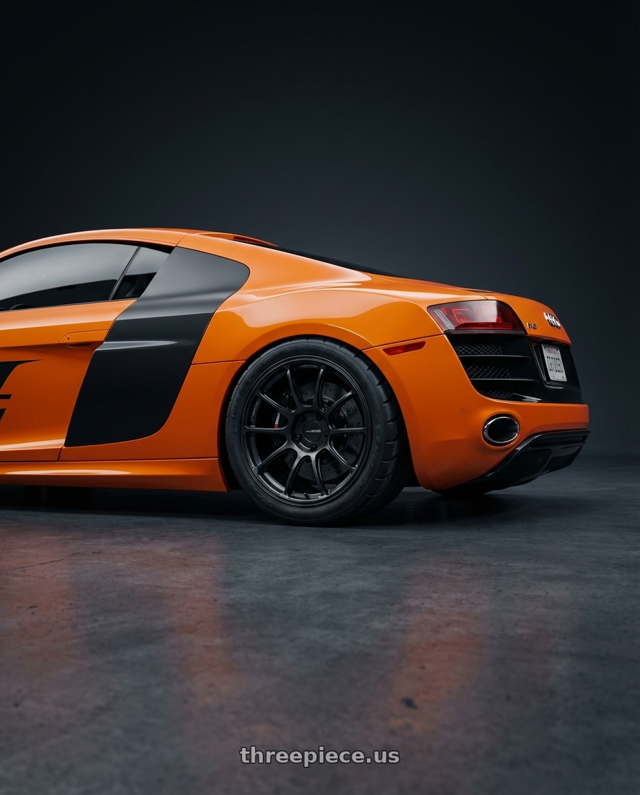 Audi r8 2012 with Advan RZ-F2 5x114 18x7.5+48 Racing Titanium Black wheels rear three quarter view meaty tires