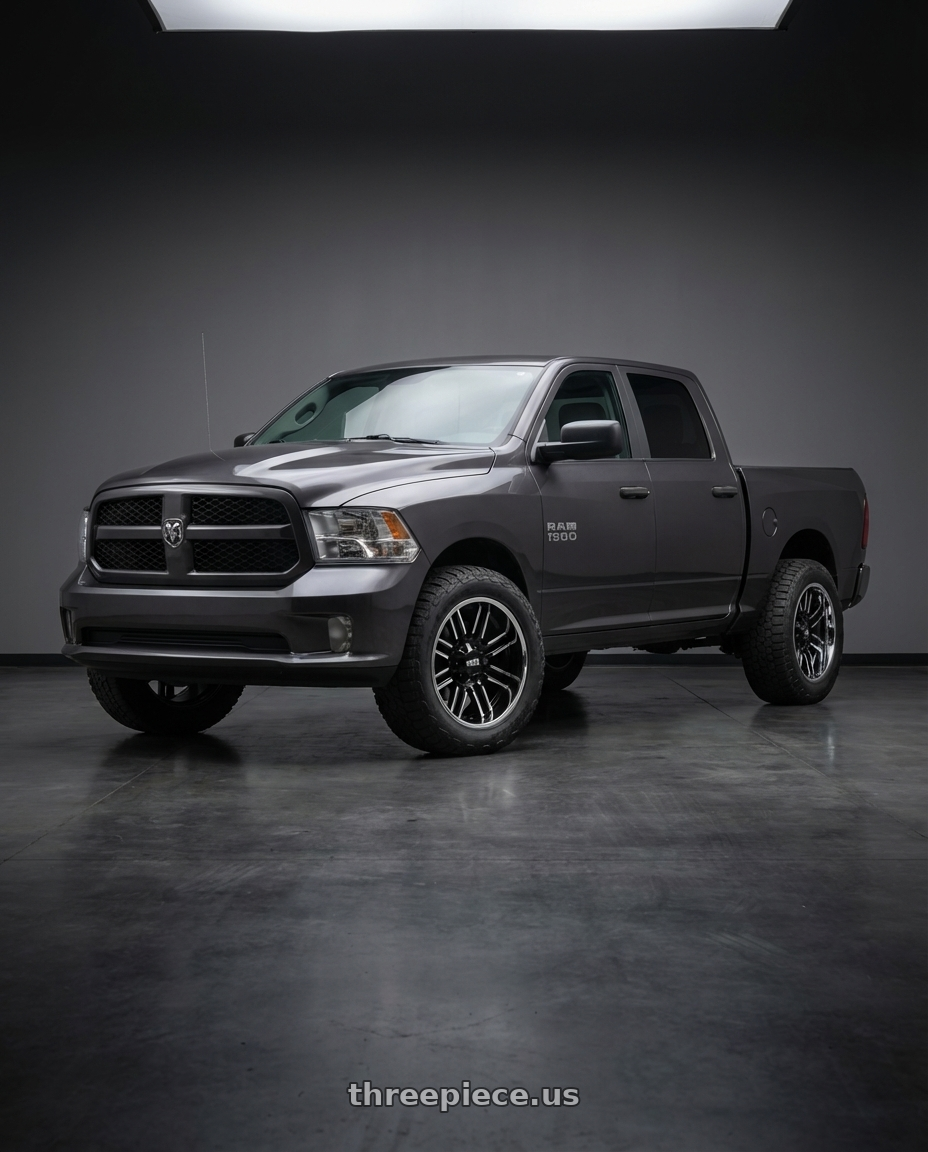 2024 Ram 1500 with Moto Metal MO202 6X139.7 22X12 -44 GLOSS BLACK MACHINED CENTER CHROME LIP wheels front three quarter view stock stance