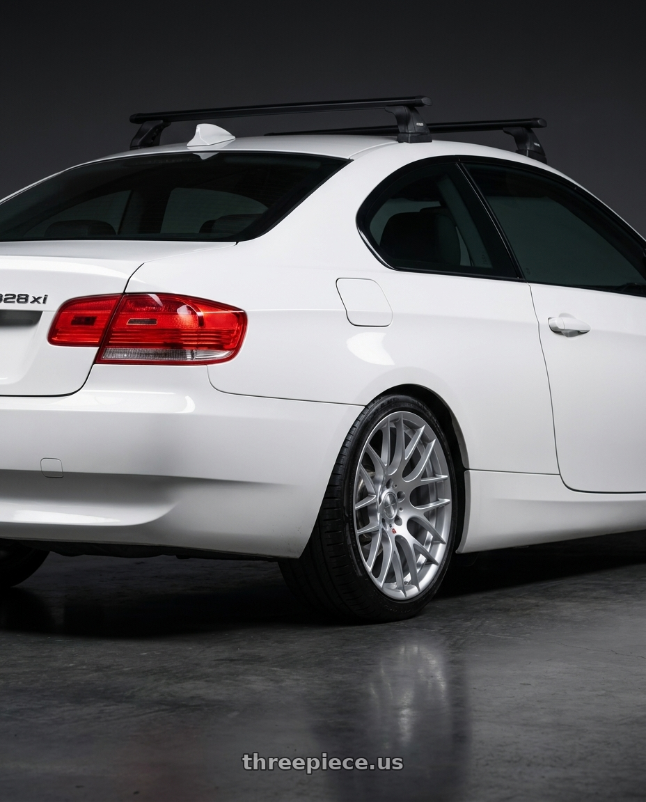 2008 BMW 328xi Alpine White with Avant Garde Wheels M359 5X120 18x8.5 +35 Hyper Silver wheels rear three quarter view square tires
