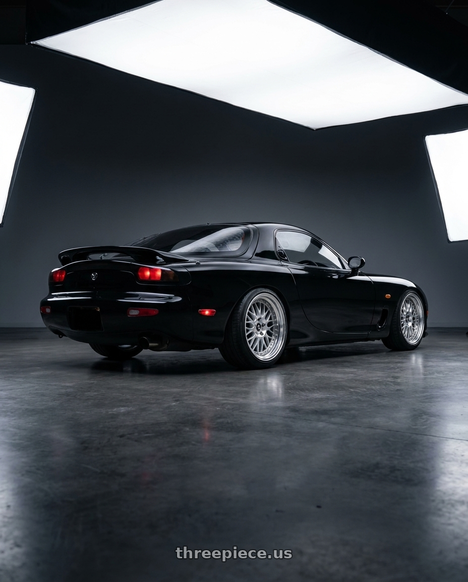 1993 Mazda fd rx7 with Work Vs-Xv 5x114.3 18x12+2 L Disk Silky Rich Silver wheels rear three quarter view slight stretch tires