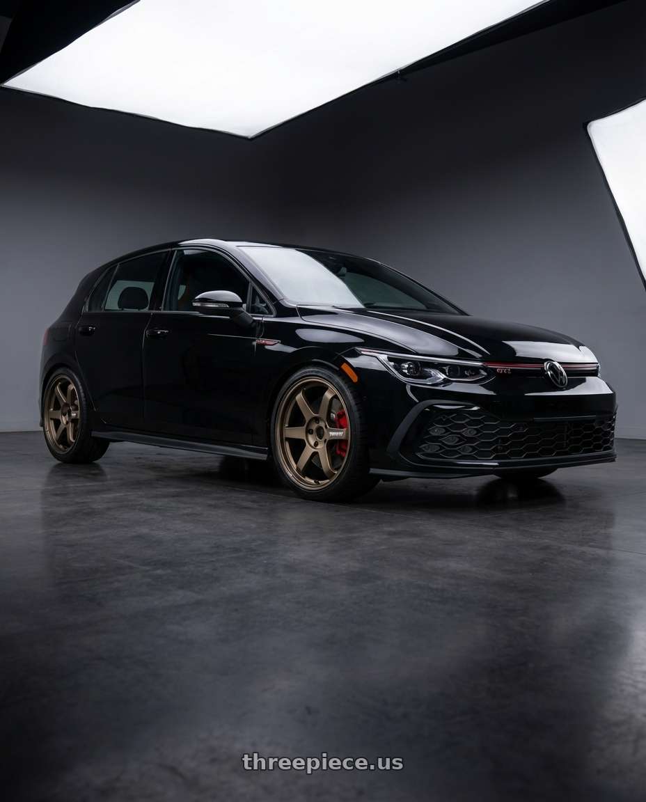 2024 Volkswagen GTI Autobahn Black with Volk Racing TE37 Ultra M Spec 5x112 19x9.5+23 19x10.5+35 Bronze Almite Toyota Supra MK5 Spec wheels front three quarter view lowered stance