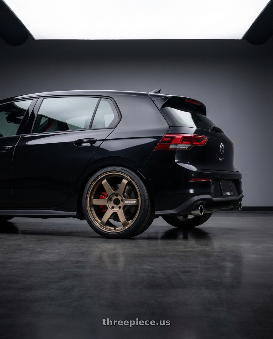 2024 Volkswagen GTI Autobahn Black with Volk Racing TE37 Ultra M Spec 5x112 19x9.5+23 19x10.5+35 Bronze Almite Toyota Supra MK5 Spec wheels rear three quarter view square tires