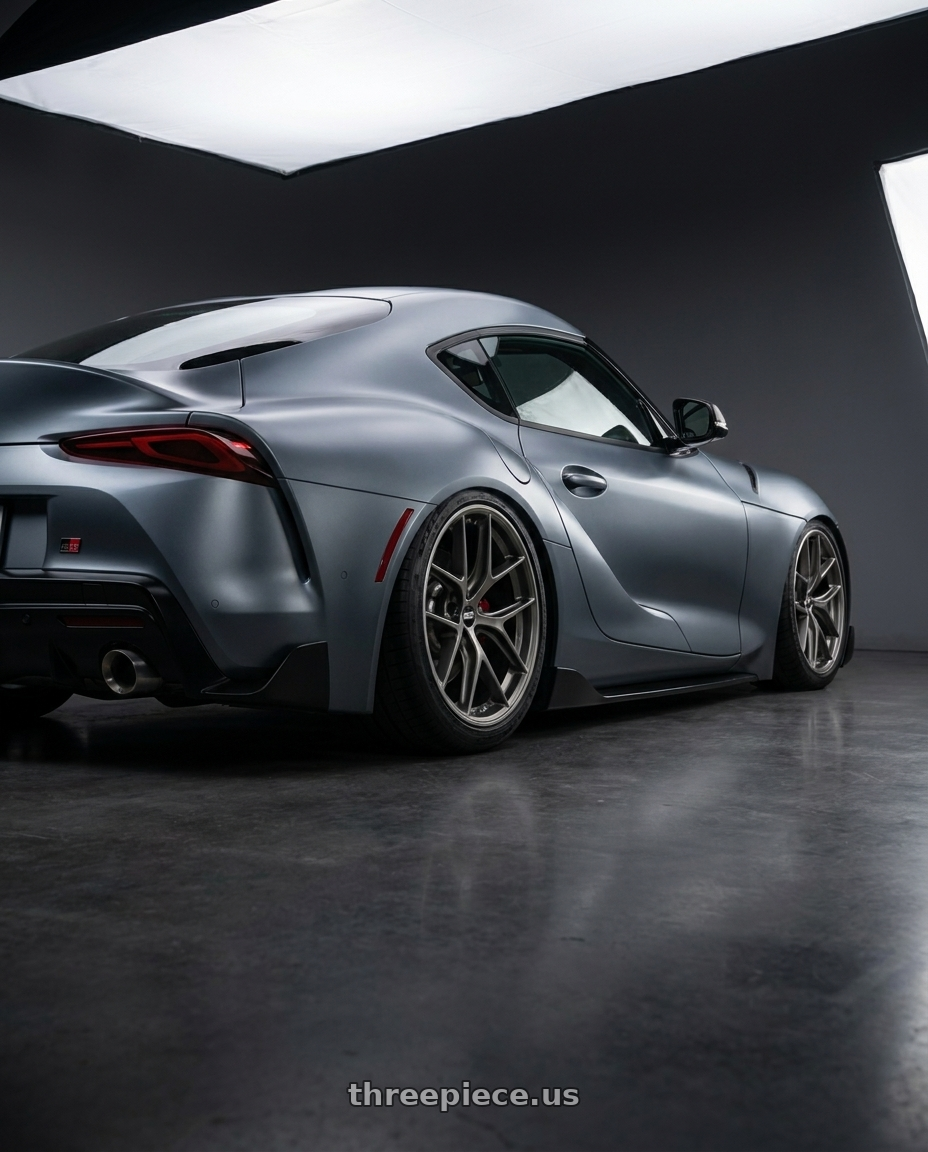 2021 Gr Supra 30 Premium with BBS CC-R 5x120 19x8.5+35 Satin Platinum wheels rear three quarter view slight stretch tires
