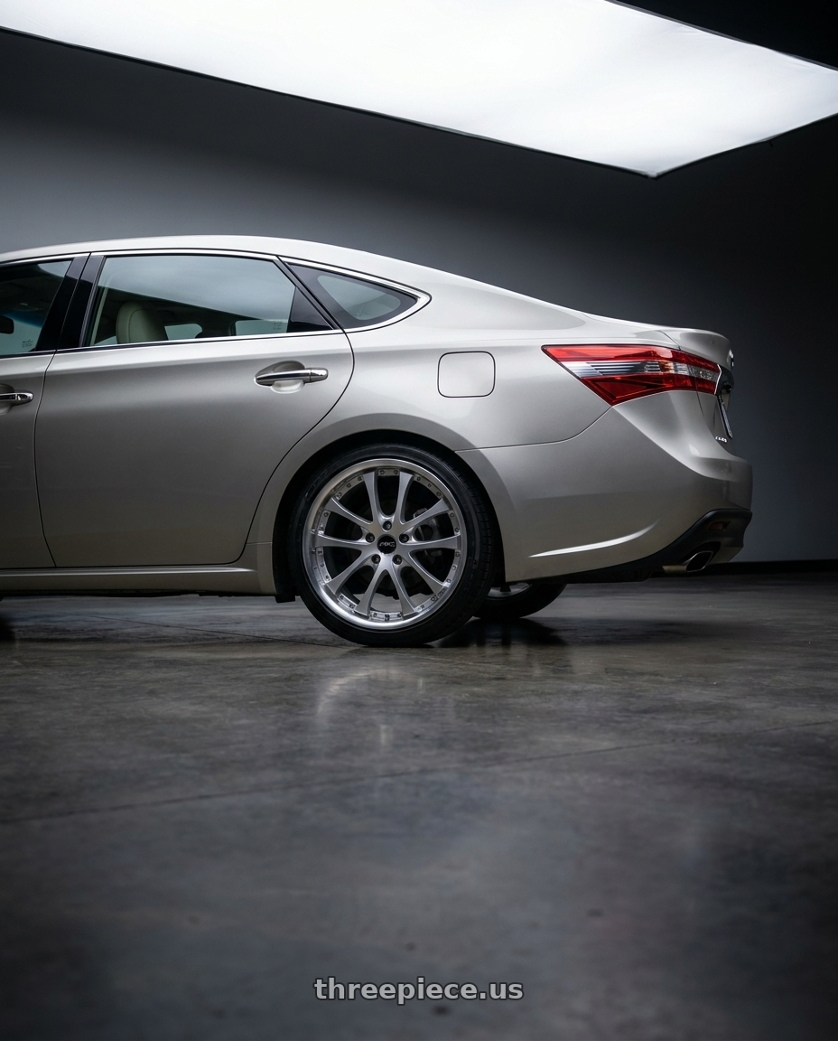 2013 toyota avalon with ARC AR5 5x114.3 18x8.5  +35 Silver Machine Face Lip Chrome Rivet wheels rear three quarter view square tires