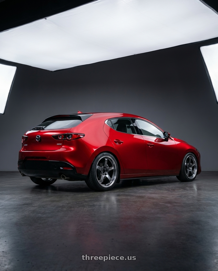2025 Mazda 3 with Advan Racing GT BEYOND 5x114.3 19x8.5 +37 MACHINING & HYPER PLATINUM BLACK wheels rear three quarter view square tires