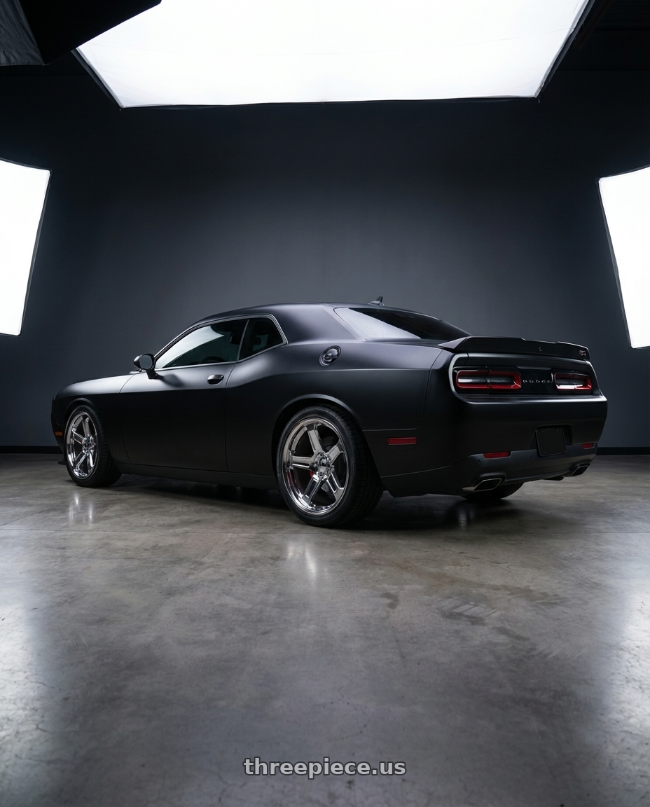 2010 dodge challenger R/T with O.E. Revolution D-12 5x115 20x10.5 +25 Chrome wheels rear three quarter view square tires
