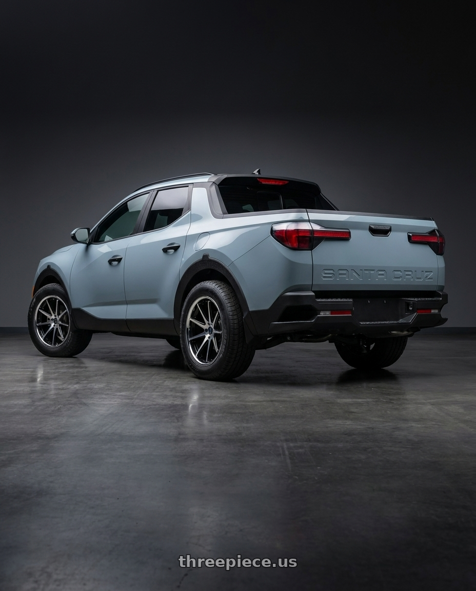 2026 Hyundai Santa Cruz SEL with Rohana RFC10 5x114.3 20x9+35 Machine Black/Chrome Lip wheels rear three quarter view meaty tires