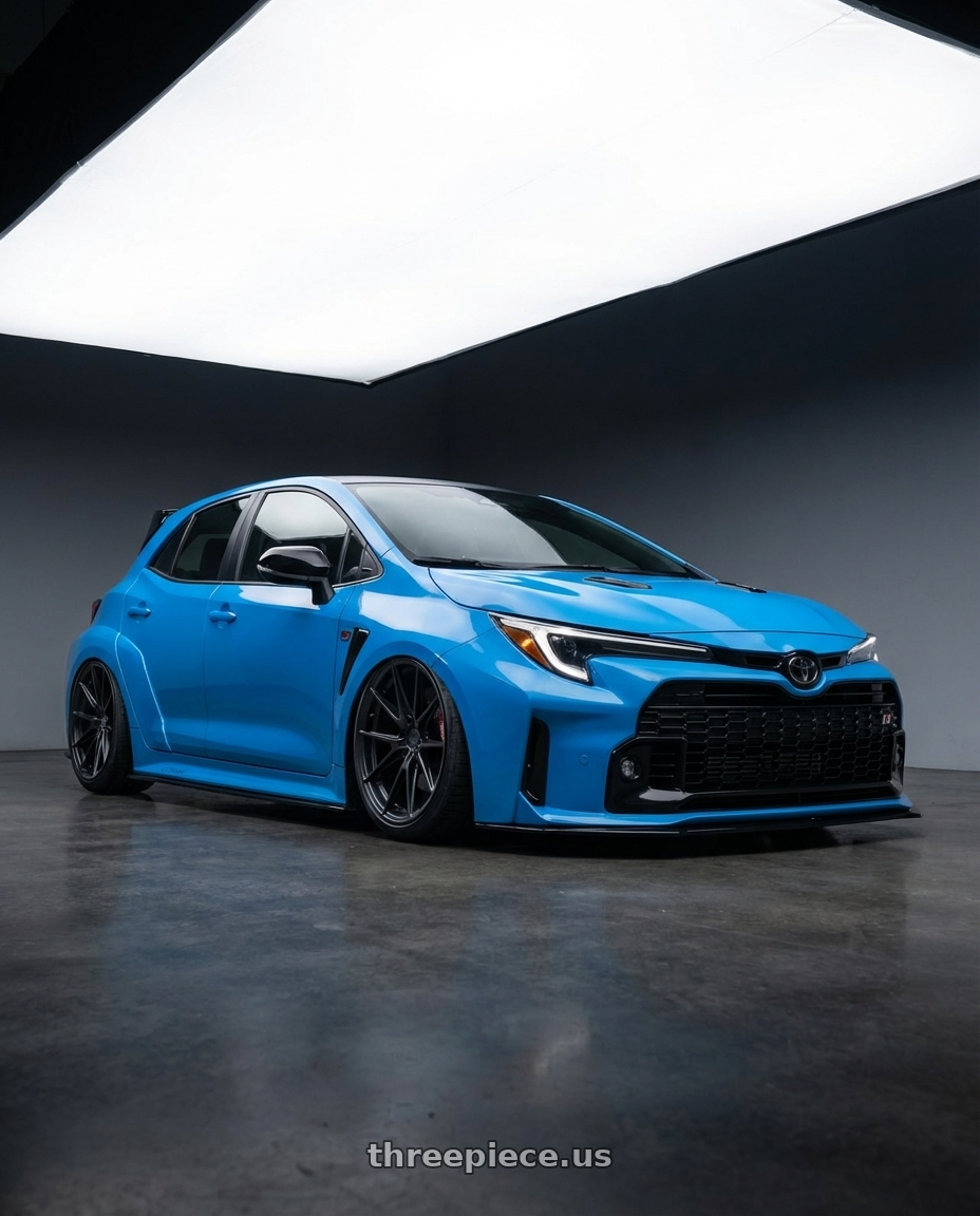 2024 Toyota GR Corolla with Niche 1PC M117 MISANO 5X114.3 18X8 +42 MATTE BLACK wheels front three quarter view stanced stance