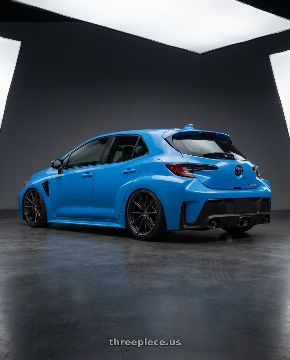 2024 Toyota GR Corolla with Niche 1PC M117 MISANO 5X114.3 18X8 +42 MATTE BLACK wheels rear three quarter view slight stretch tires