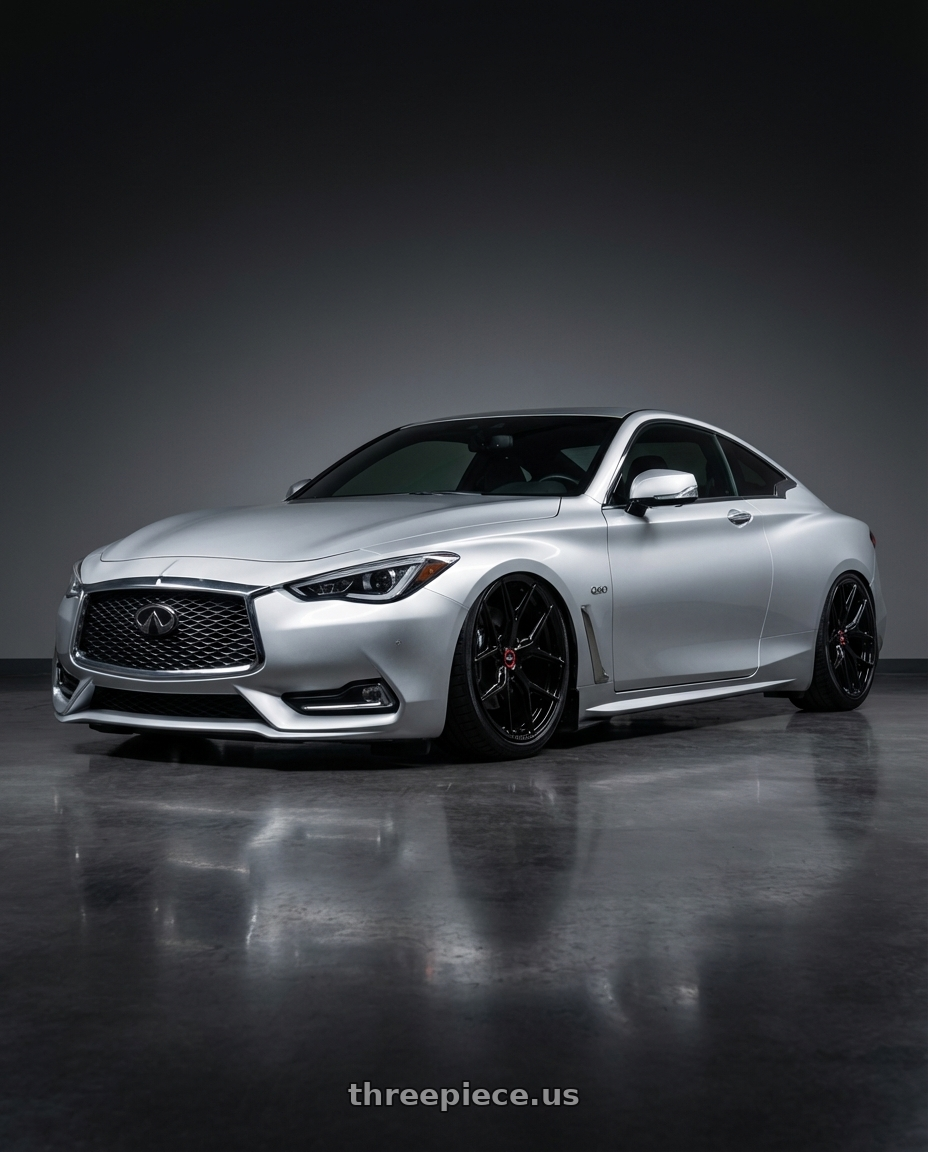 2020 Infiniti Q60 with Vossen HF-5 20x10.5 / 5x114.3 / ET45 / Deep Face / 73.1 -GB - Gloss Black Wheel - HF5-0N10 wheels front three quarter view stanced stance